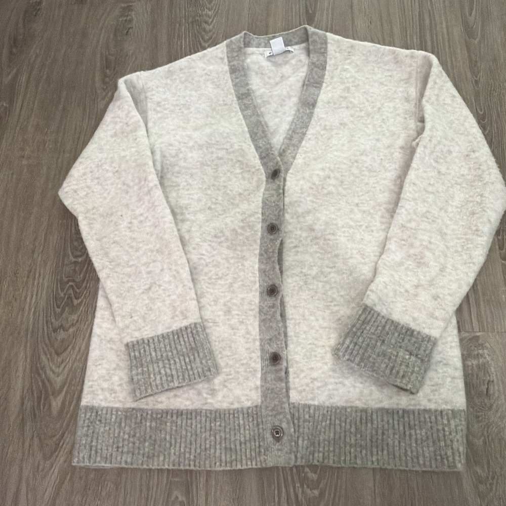Athleta Women's S Light Gray‎ Merino Blend Westlake Gray Trim Cardigan V neck